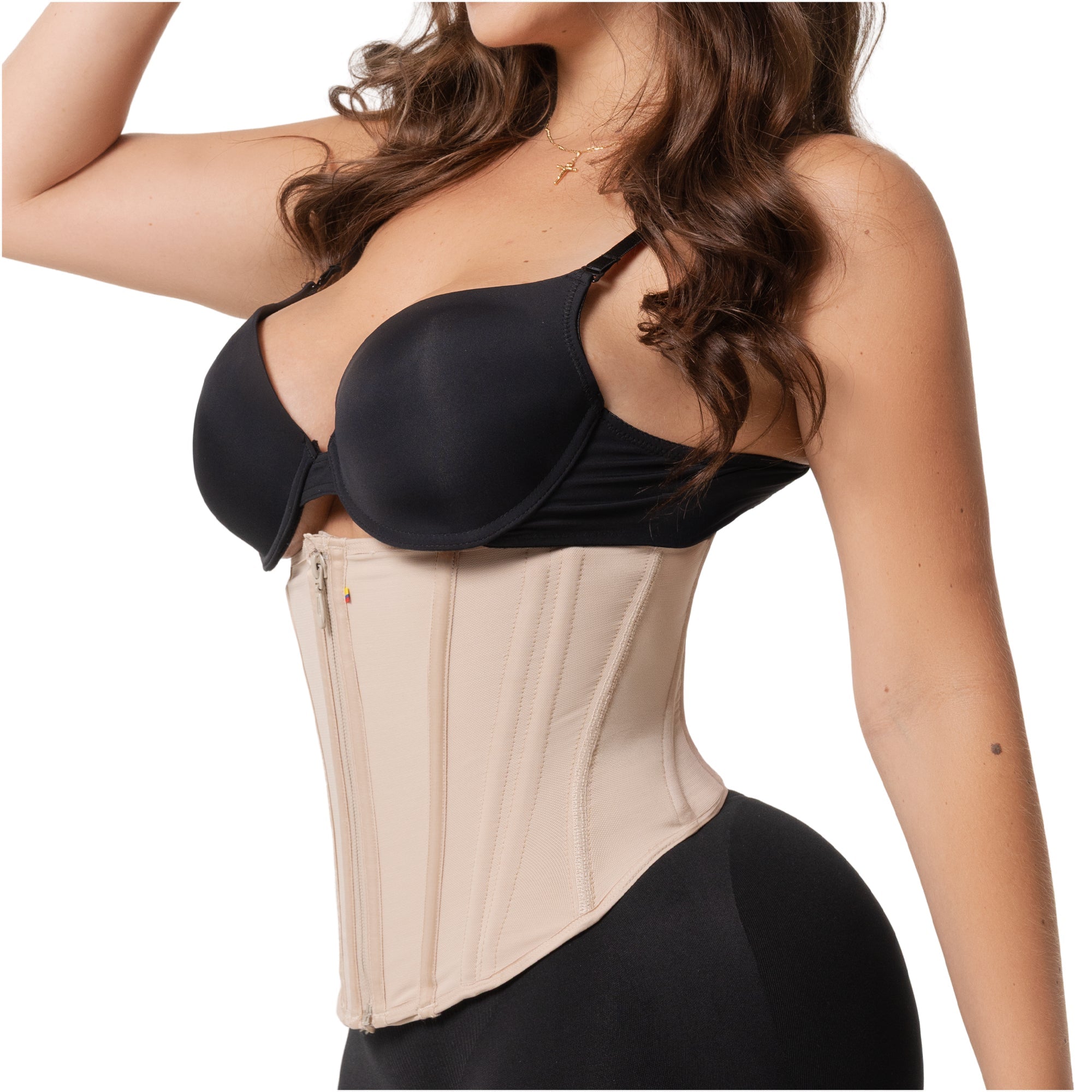 Fajas Salome 4101 beige waist trainer with zipper closure, Colombian shapewear underbust corset side view for women