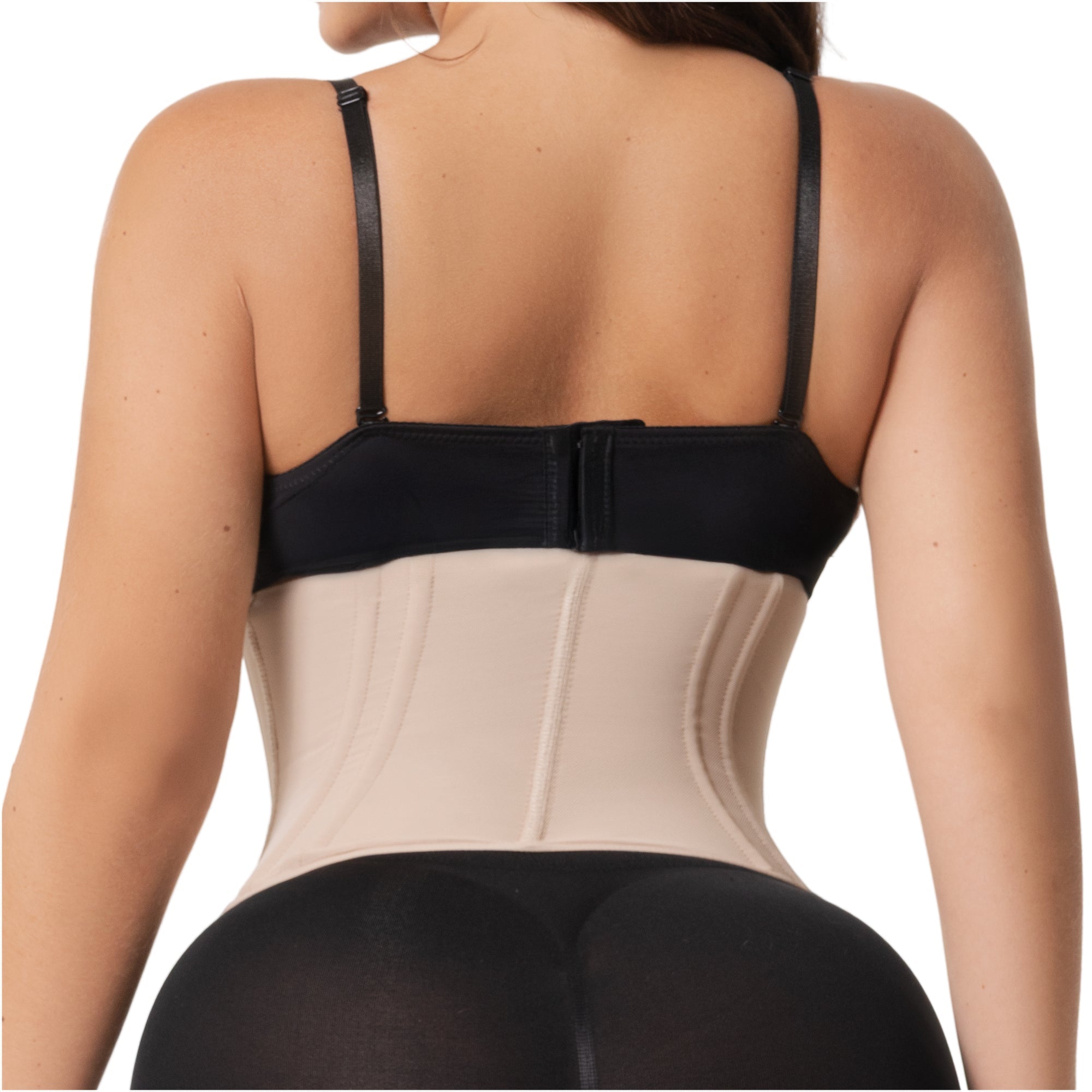 Fajas Salome 4101 beige waist trainer with boning back view, Colombian shapewear compression garment for daily use