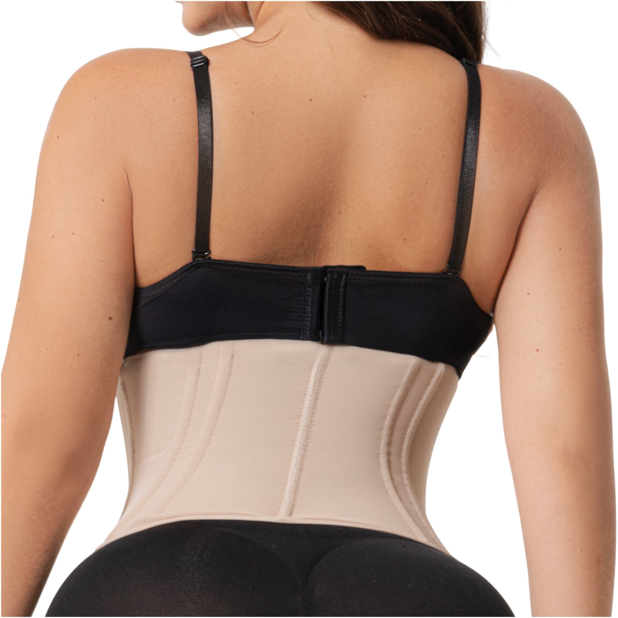 Fajas Salome 4101 beige waist trainer back view, Colombian shapewear with boning panels for daily body shaper use