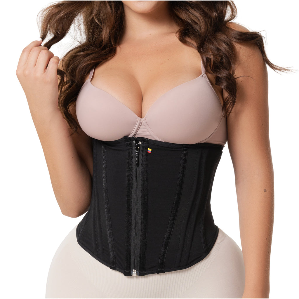 Fajas Salome 4101 black zipper waist trainer front view, high-compression Colombian shapewear faja colombiana for women