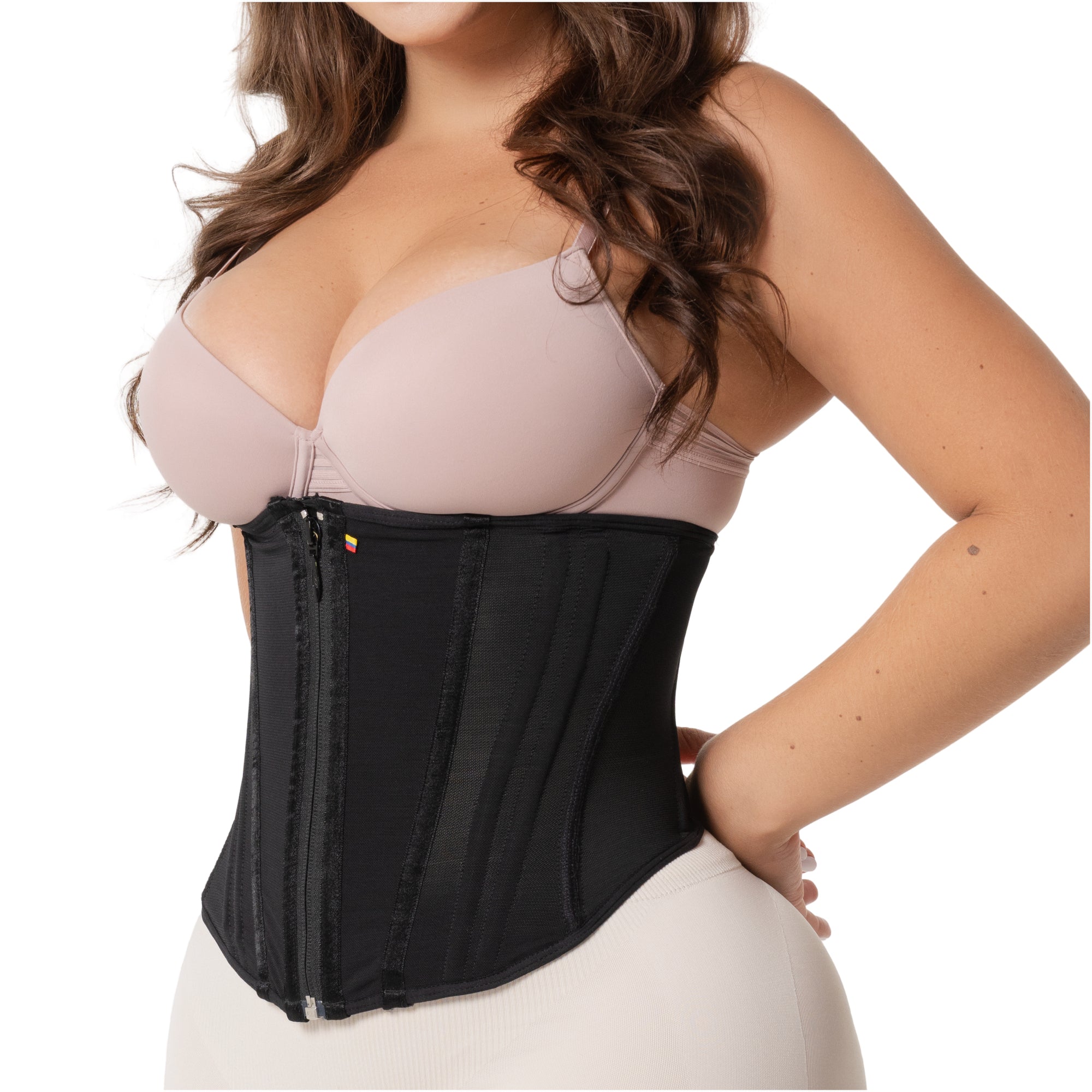 Fajas Salome 4101 black waist trainer with zipper closure, high-compression Colombian shapewear for daily waist slimming side