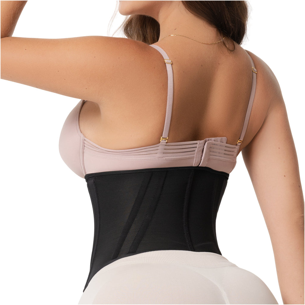 Fajas Salome 4101 black waist trainer back view, Colombian shapewear compression garment for daily waist slimming women
