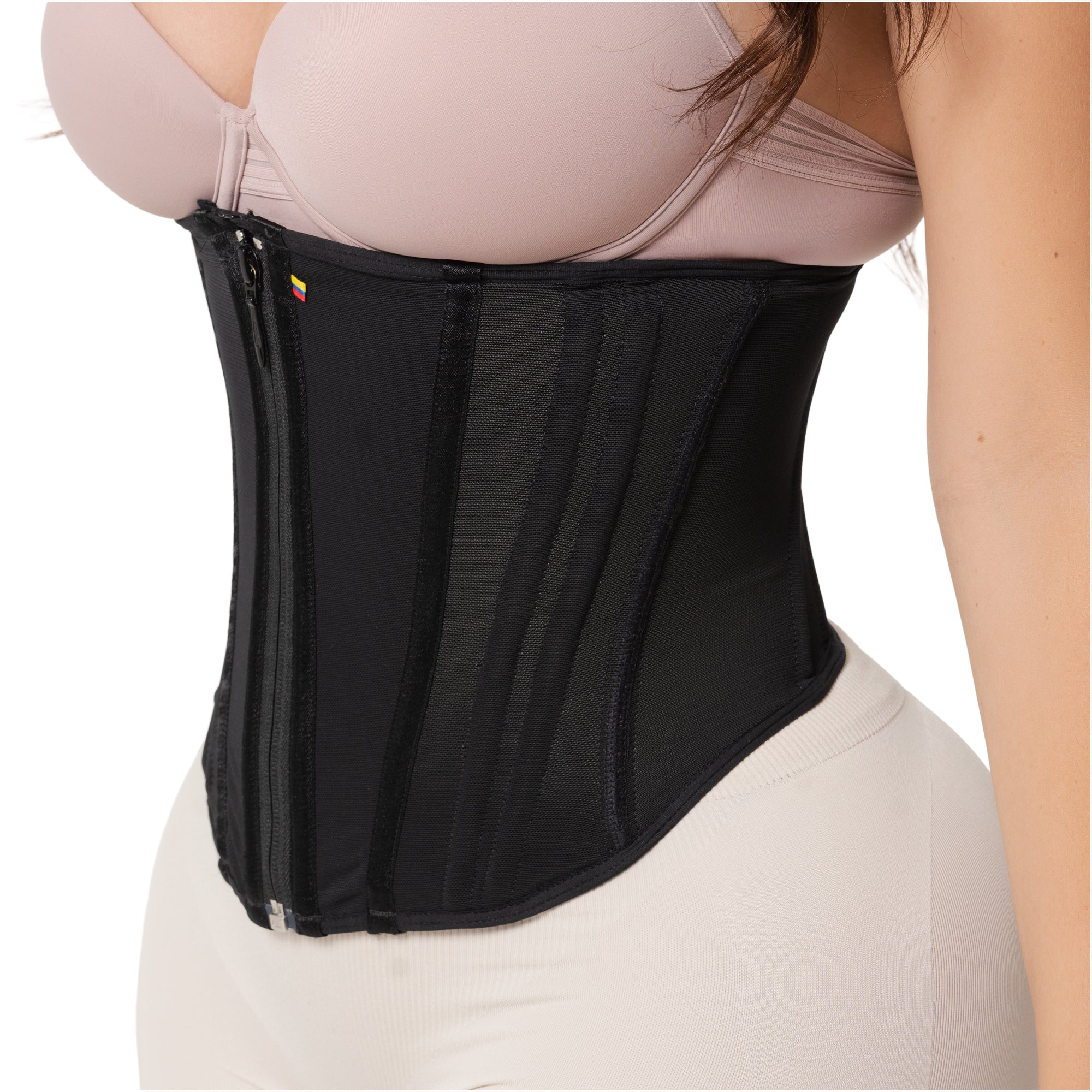 Fajas Salome 4101 black waist trainer with zipper closure and boning, Colombian shapewear for daily compression side view