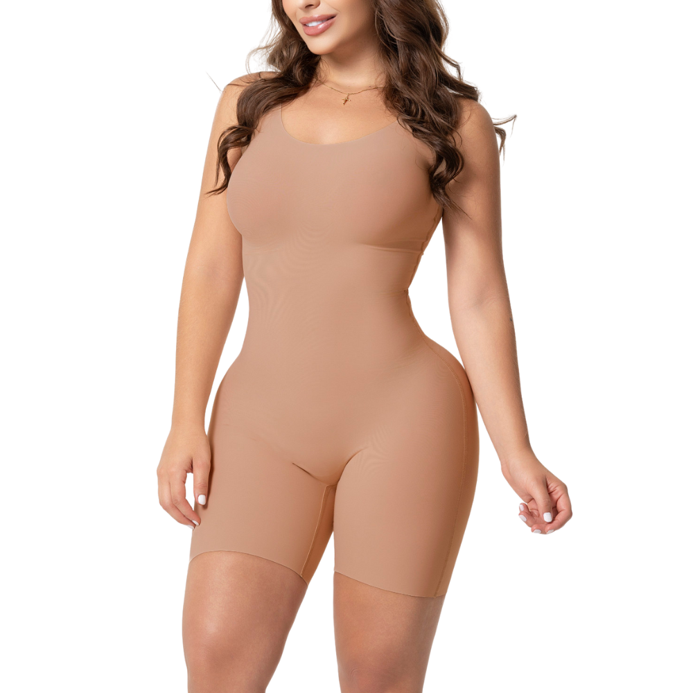 Fajas Salome 2480 nude full-body shaper bodysuit mid-thigh cut, Colombian shapewear for daily use front view