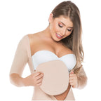Fajas Salome 2507 beige post-surgery compression arm shaper with foam pad, Colombian shapewear accessory lifestyle view