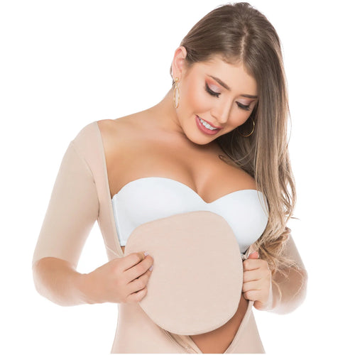 Fajas Salome 2507 beige post-surgery compression arm shaper with foam pad, Colombian shapewear accessory lifestyle view