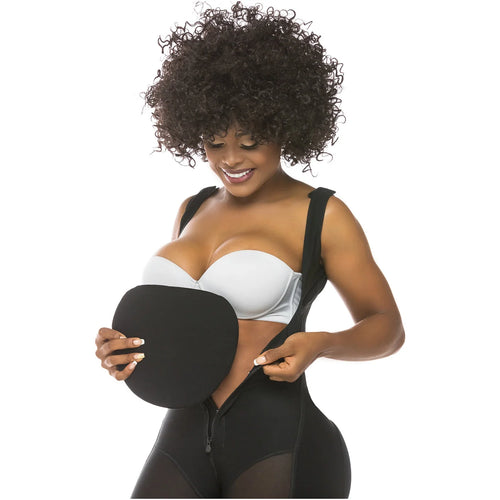 Fajas Salome 2507 black body shaper with abdominal board and zipper closure, Colombian post-surgery faja lifestyle view