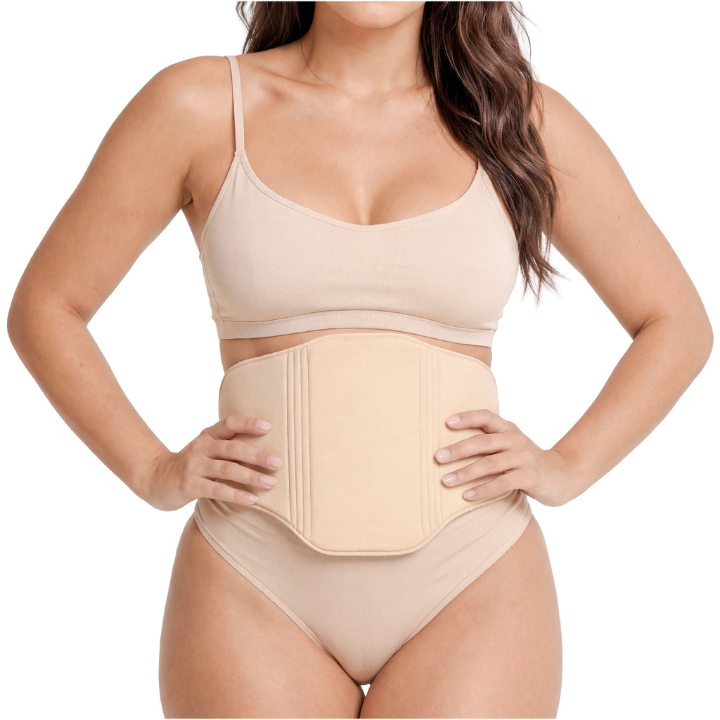 Fajas Salome 2516NEU nude waist cincher belt with ribbed panels, Colombian shapewear compression garment front view women