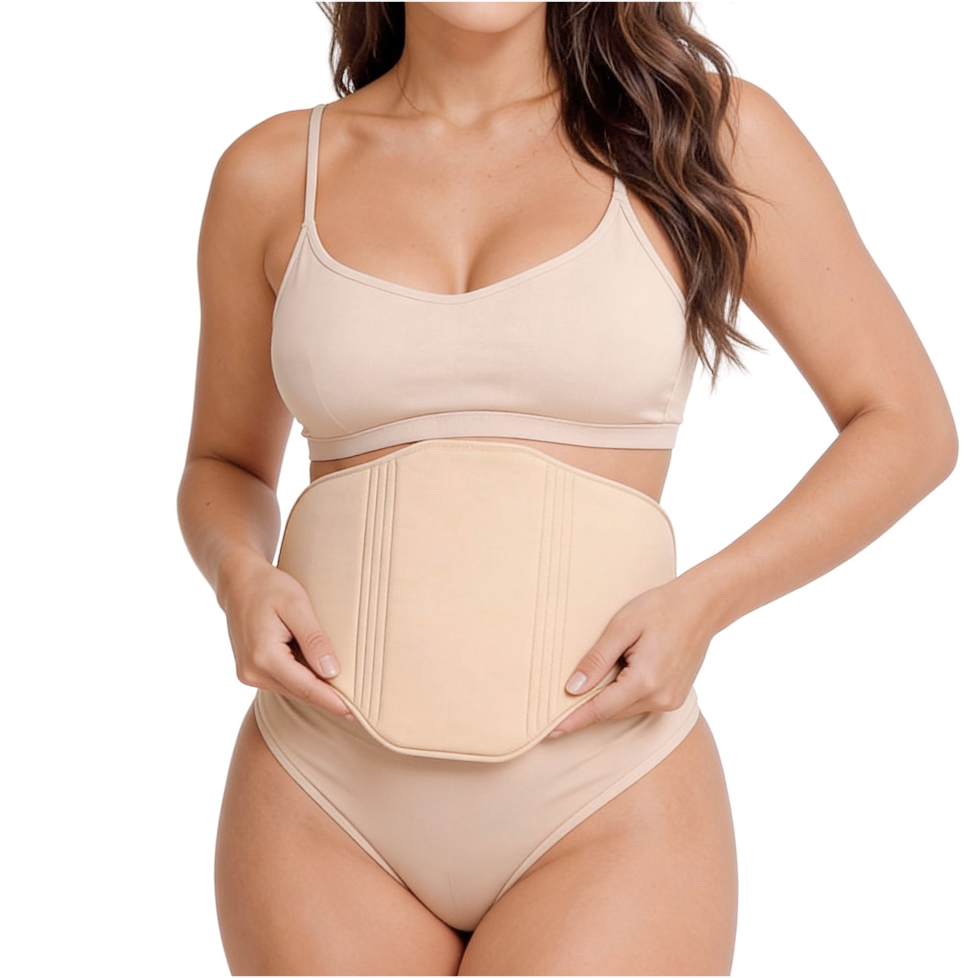 Fajas Salome 2516NEU beige abdominal board compression binder, Colombian shapewear postpartum recovery accessory front view
