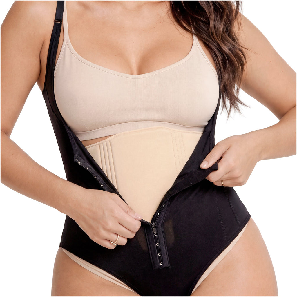 Fajas Salome 2516NEU black zipper closure abdominal binder with nude inner panel, Colombian post-surgery compression garment 