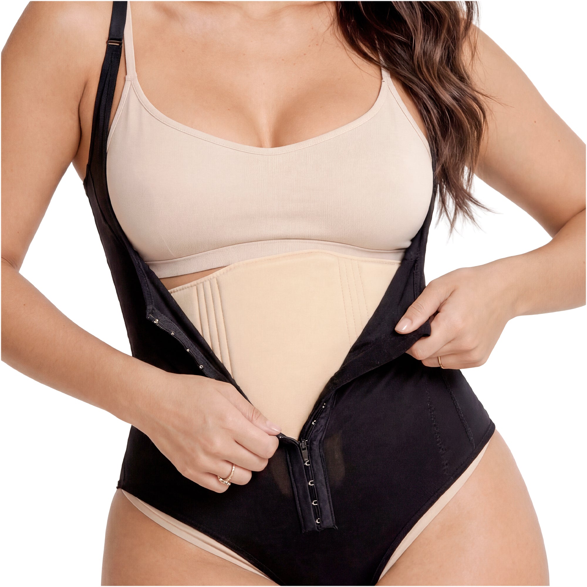 Fajas Salome 2516NEU black zipper closure abdominal binder with nude inner panel, Colombian post-surgery compression garment 