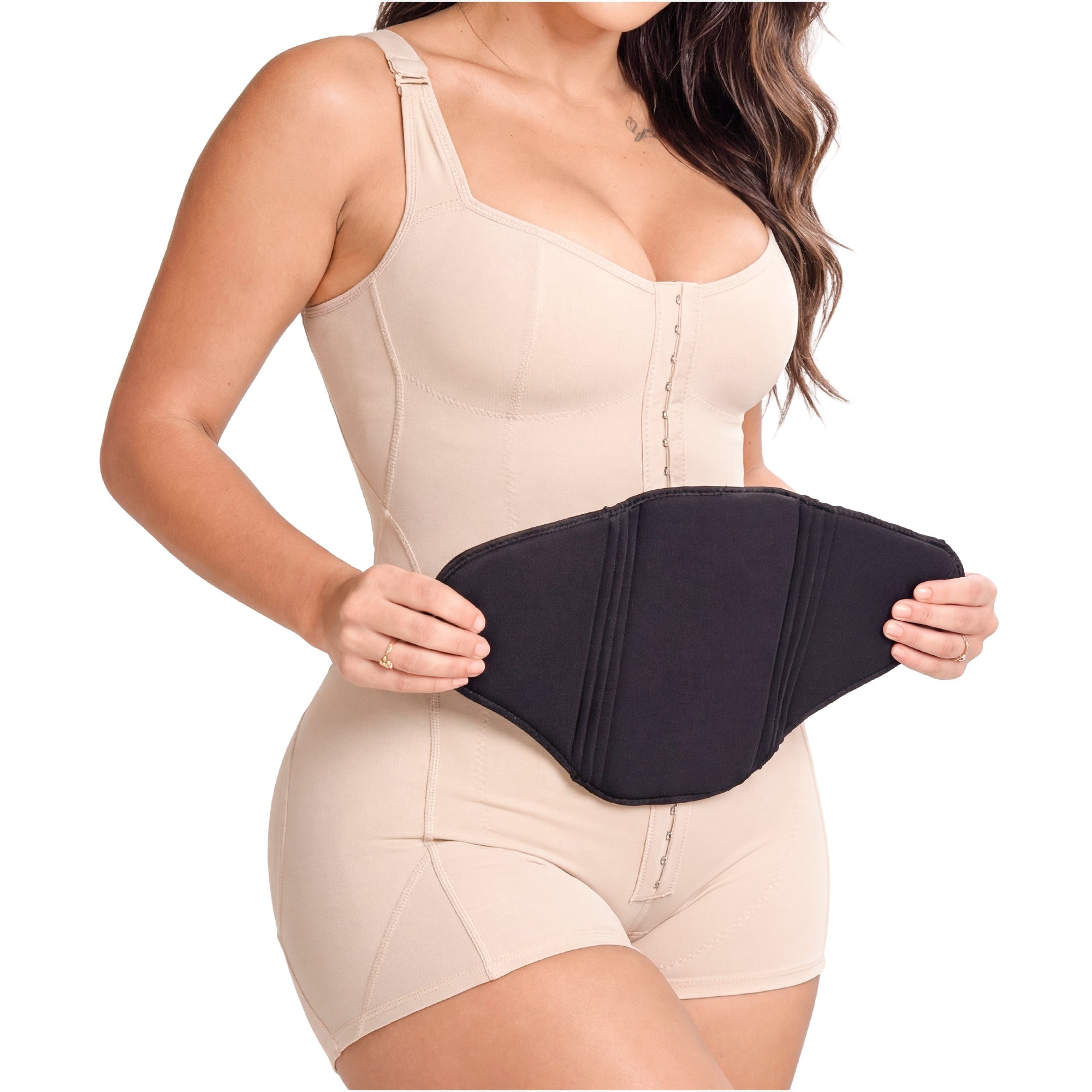Fajas Salome 2516NEU beige bodysuit with black abdominal board, Colombian post-surgery compression garment lifestyle view