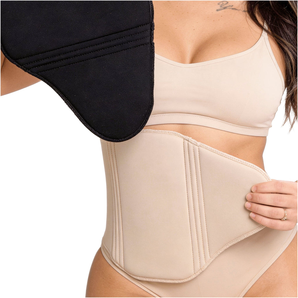 Fajas Salome 2516NEU beige waist cincher with boned panels and black insert, Colombian shapewear compression garment side vie