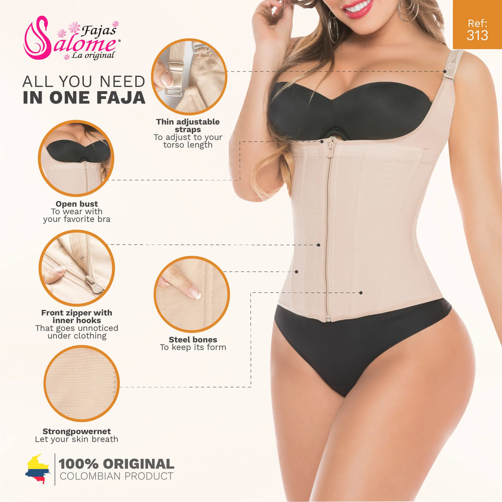 Fajas Salome 313 nude open-bust waist cincher with front zipper, Colombian shapewear body shaper for daily use front view