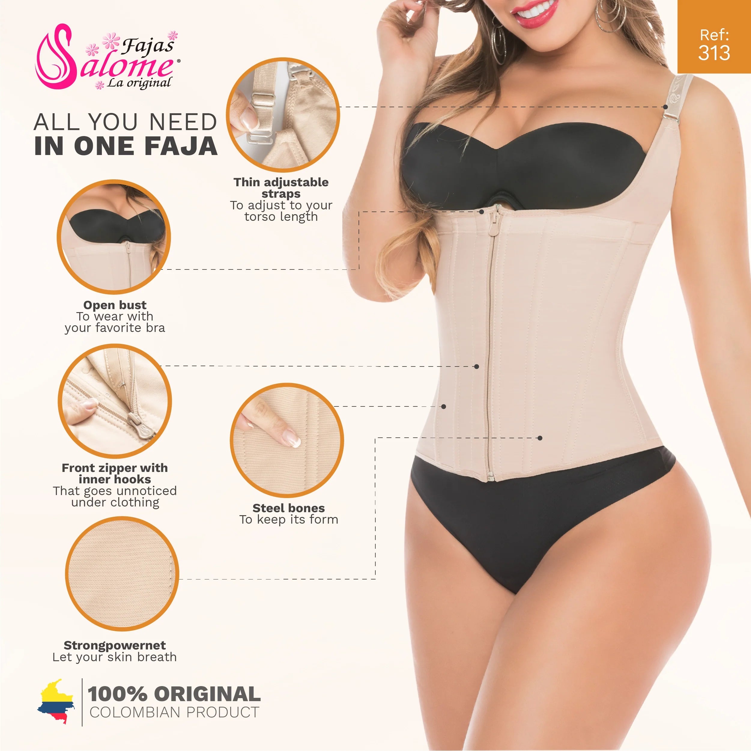 Fajas Salome 313 nude open-bust waist cincher with front zipper, Colombian shapewear body shaper for daily use front view