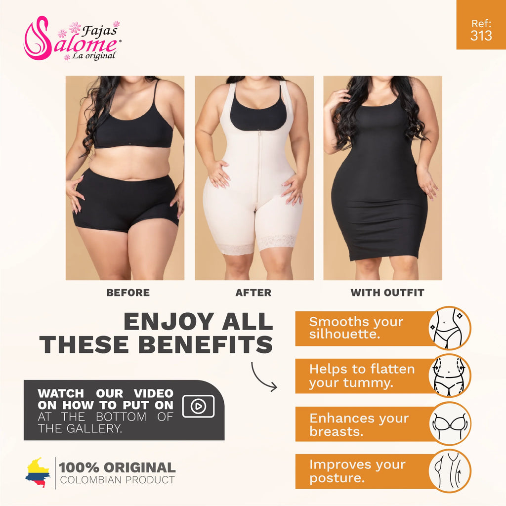 Fajas Salome 313 before and after Colombian shapewear body shaper smoothing silhouette tummy and posture front view