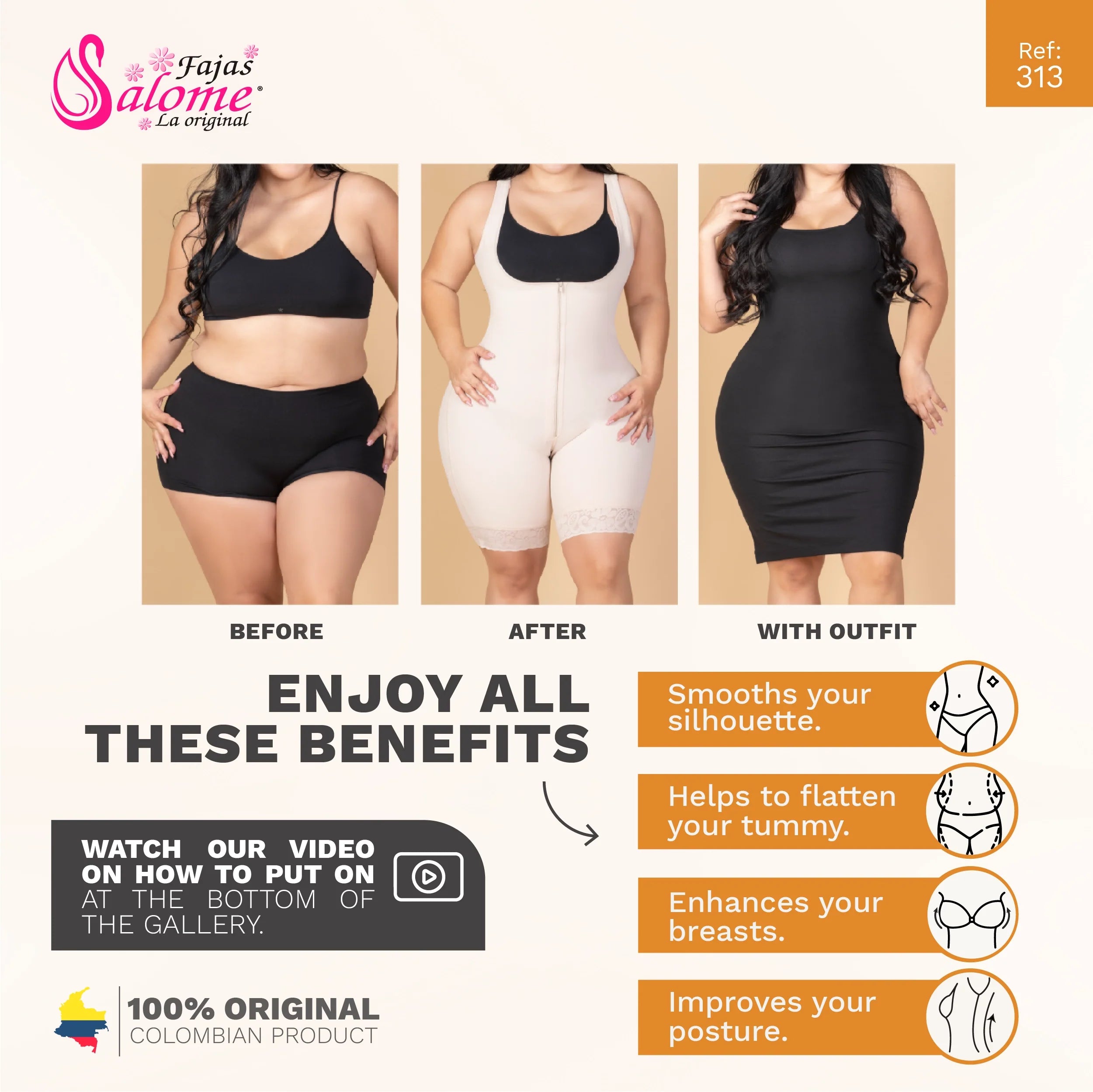 Fajas Salome 313 before and after Colombian shapewear body shaper smoothing silhouette tummy and posture front view
