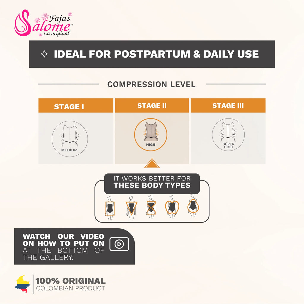 Fajas Salome 313 stage 2 high-compression Colombian shapewear infographic showing postpartum body shaper compression levels f