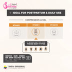 Fajas Salome 313 stage 2 high-compression Colombian shapewear infographic showing postpartum body shaper compression levels f
