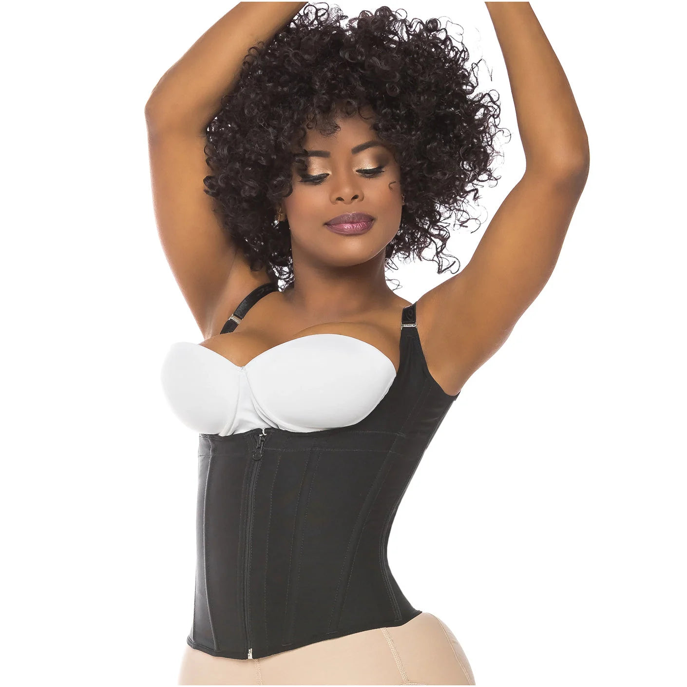 Fajas Salome 313 black open-bust waist cincher with zipper closure, daily Colombian shapewear body shaper front view
