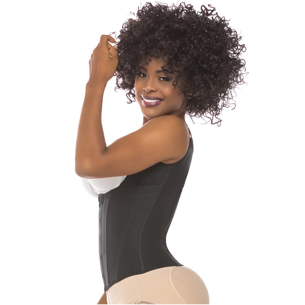 Fajas Salome 313 black open-bust vest Colombian shapewear with hook closure and nude panty, daily body shaper side view