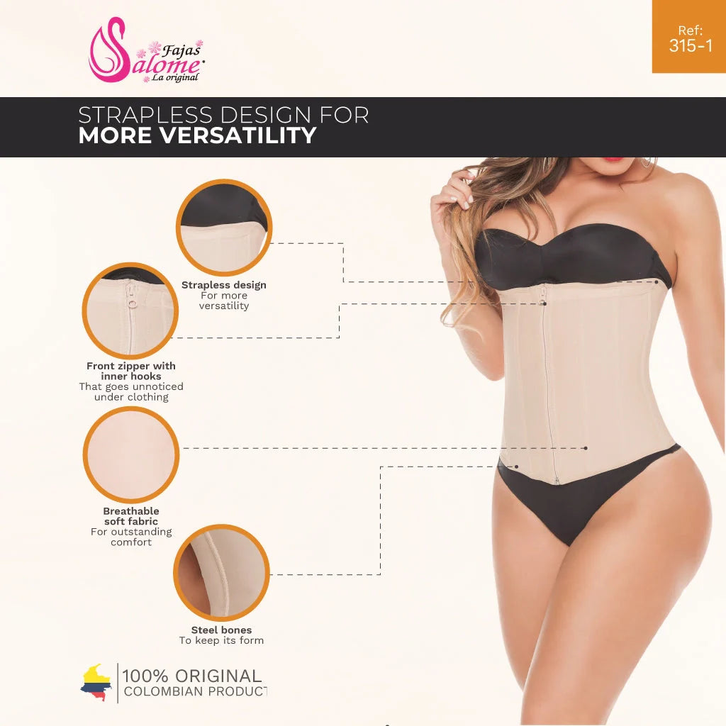 Fajas Salome 315-1 beige strapless waist trainer with front zipper hooks, Colombian shapewear for daily body shaping