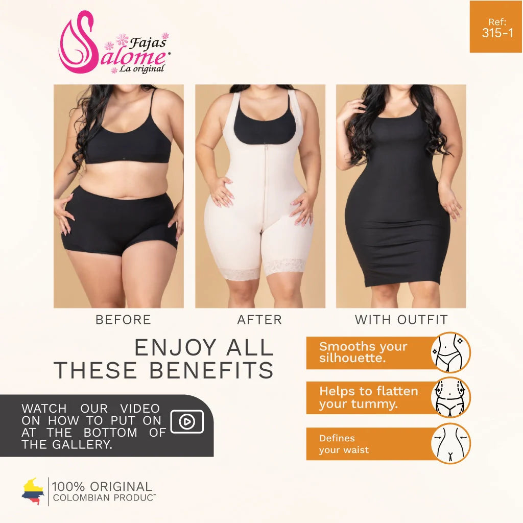 Fajas Salome 315 beige full-body Colombian shapewear before after comparison, zip-front body shaper smooths waist and tummy