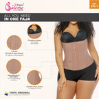 Fajas Salome 315-1 beige waist trainer with hook-and-eye closure, strapless Colombian shapewear body shaper front view