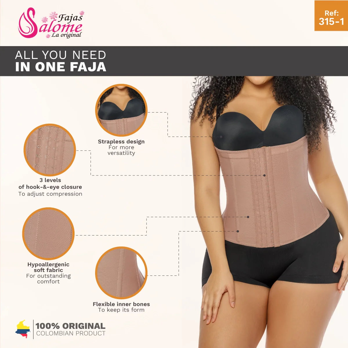 Fajas Salome 315-1 beige waist trainer with hook-and-eye closure, strapless Colombian shapewear body shaper front view