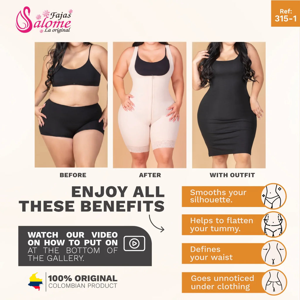 Fajas Salome 315-1 beige full-body Colombian shapewear before and after comparison, zip-front body shaper for women