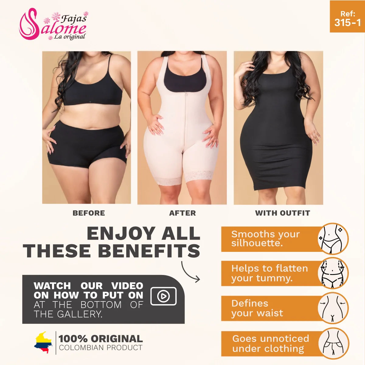 Fajas Salome 315-1 beige full-body Colombian shapewear before and after comparison, zip-front body shaper for women