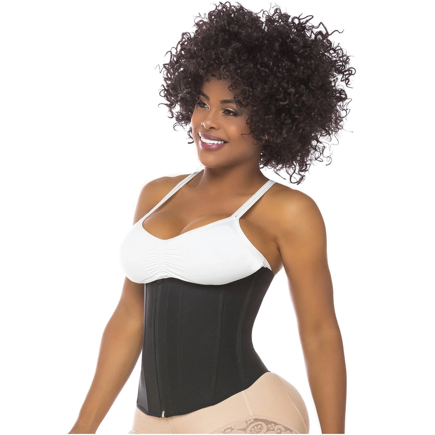 Fajas Salome 315 black latex waist trainer with hook closure, Colombian shapewear for daily body shaper use side view