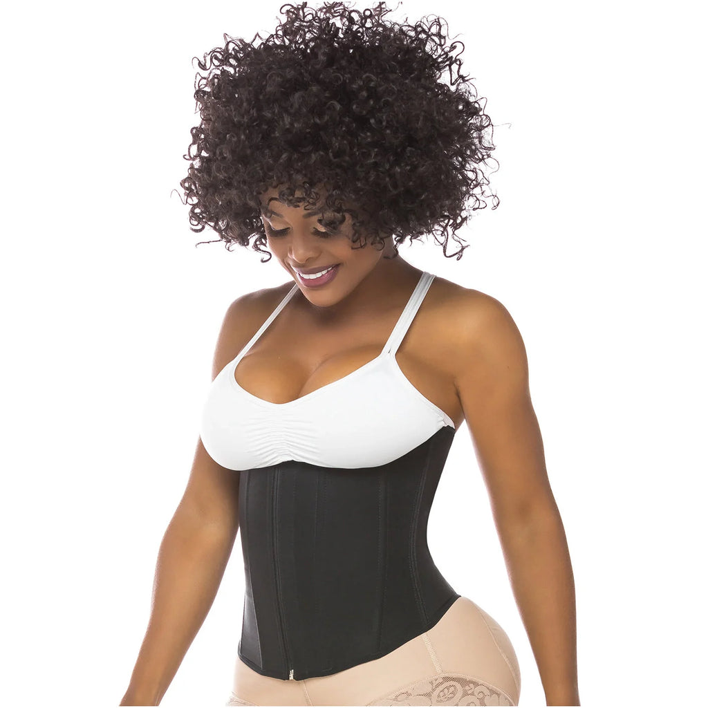 Fajas Salome 315 black waist trainer with zipper closure, Colombian shapewear cincher for women front lifestyle view