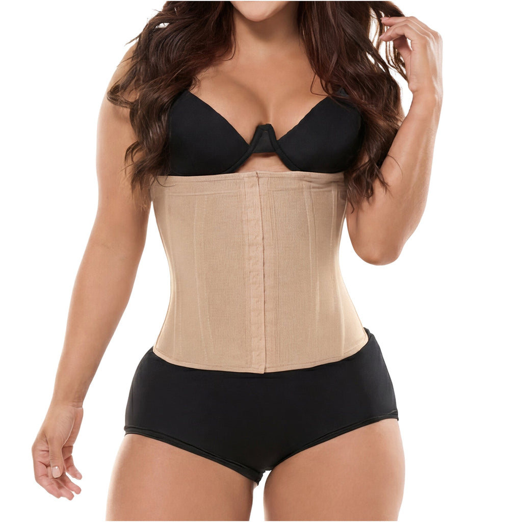 Fajas Salome 315 beige waist trainer with boning and hook closure, Colombian shapewear for daily body shaper use front view