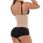 Fajas Salome 315 beige waist trainer with back support straps, Colombian shapewear body shaper back view for women