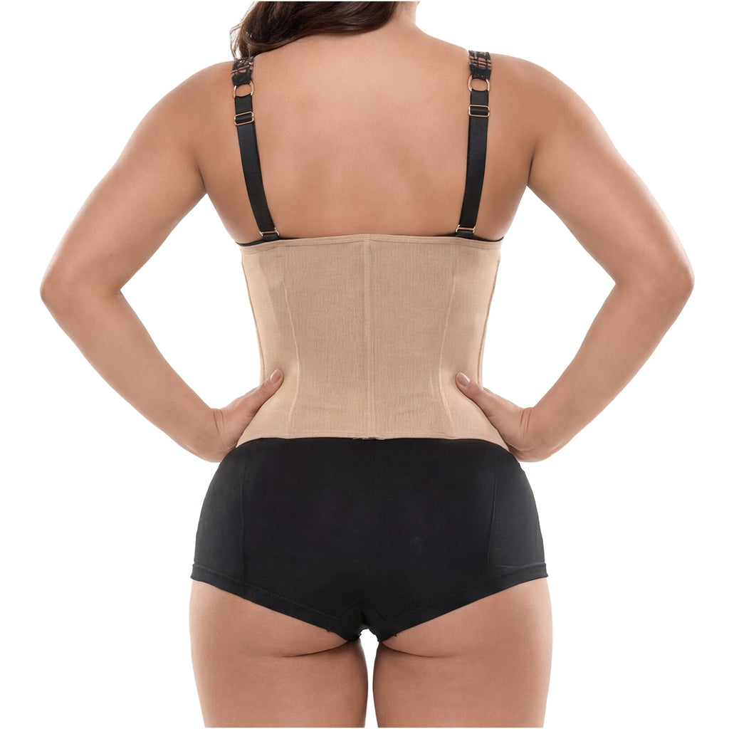 Fajas Salome 315 beige waist trainer with adjustable straps back view, Colombian shapewear for daily body shaper use
