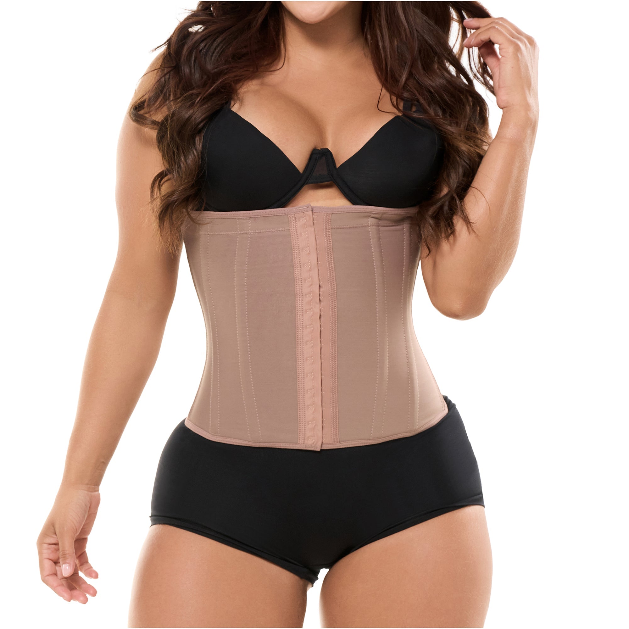Fajas Salome 315 nude waist trainer with hook closure, Colombian shapewear body shaper for daily use front view