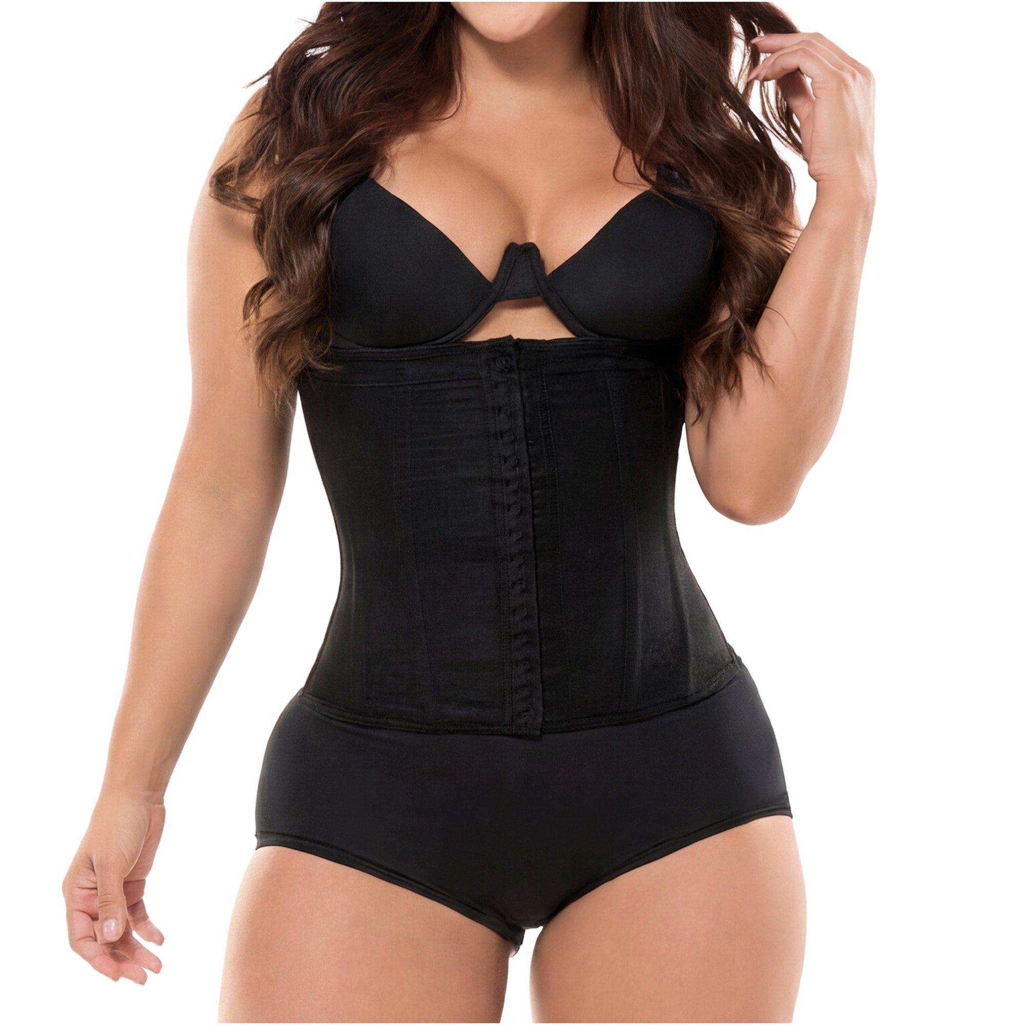 Fajas Salome 315 black hook-and-eye waist trainer Colombian shapewear for daily compression and body shaper front view