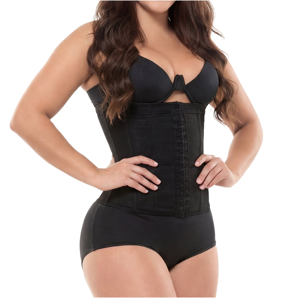 Fajas Salome 315 black waist trainer with hook closure, Colombian shapewear for daily compression and body shaping front view
