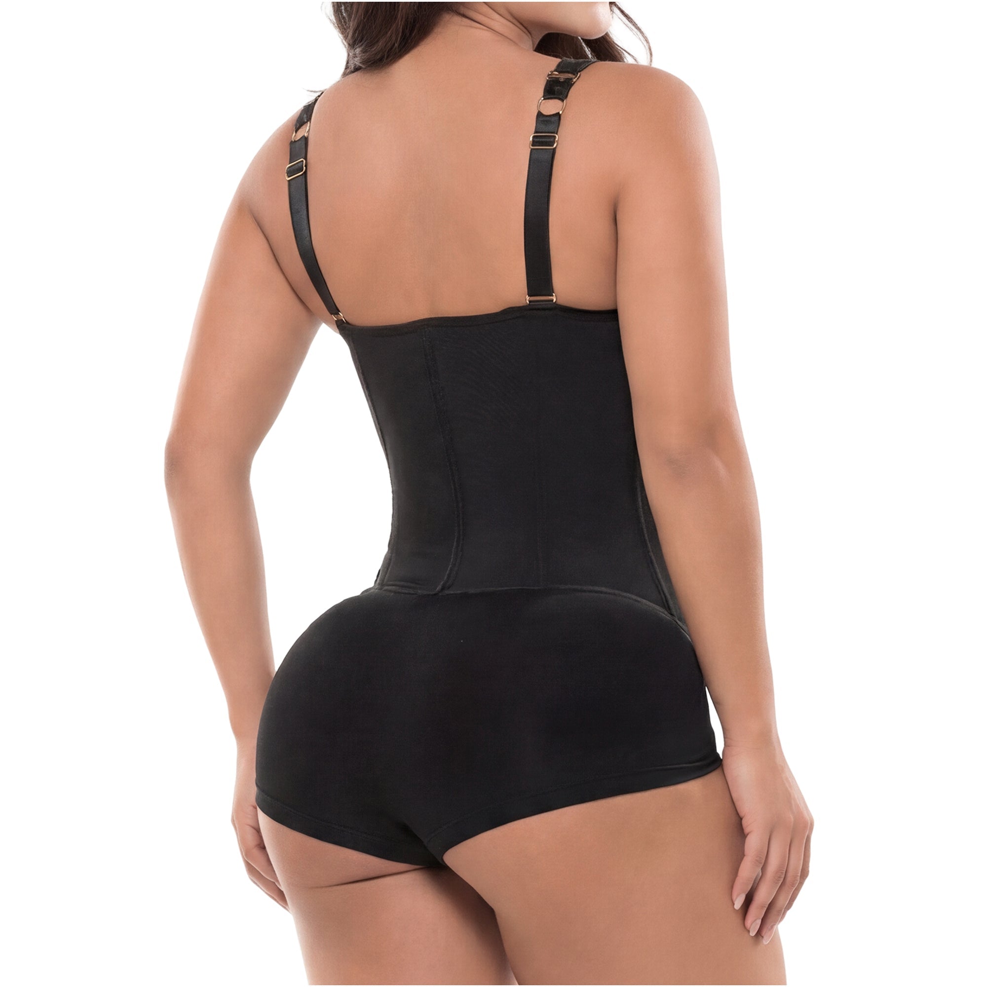 Fajas Salome 315 black Colombian shapewear waist trainer bodysuit with adjustable straps back view women