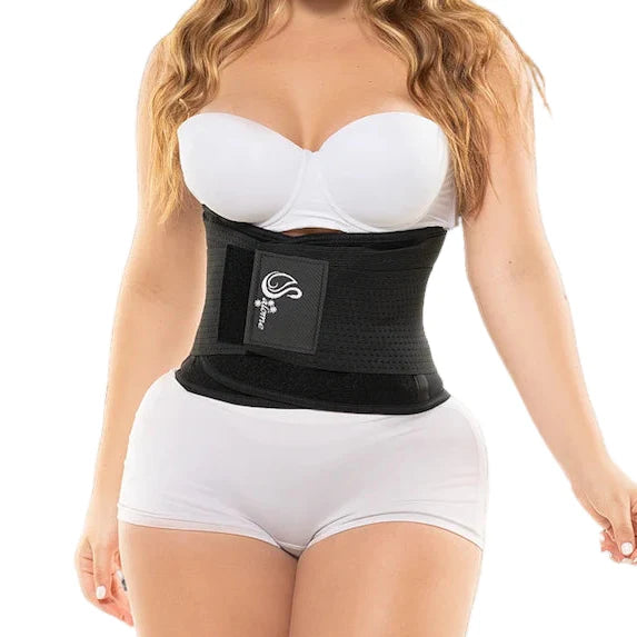 Fajas Salome 330 black waist trainer with hook closure, Colombian shapewear for daily compression and body shaper front view