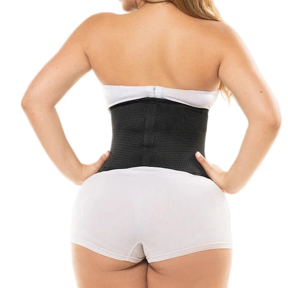 Fajas Salome 330 black perforated waist trainer back view, Colombian shapewear compression garment for daily slimming