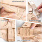 Fajas Salome 351 nude Colombian shapewear detail view showing flat zipper hooks adjustable straps and hook eye crotch closure