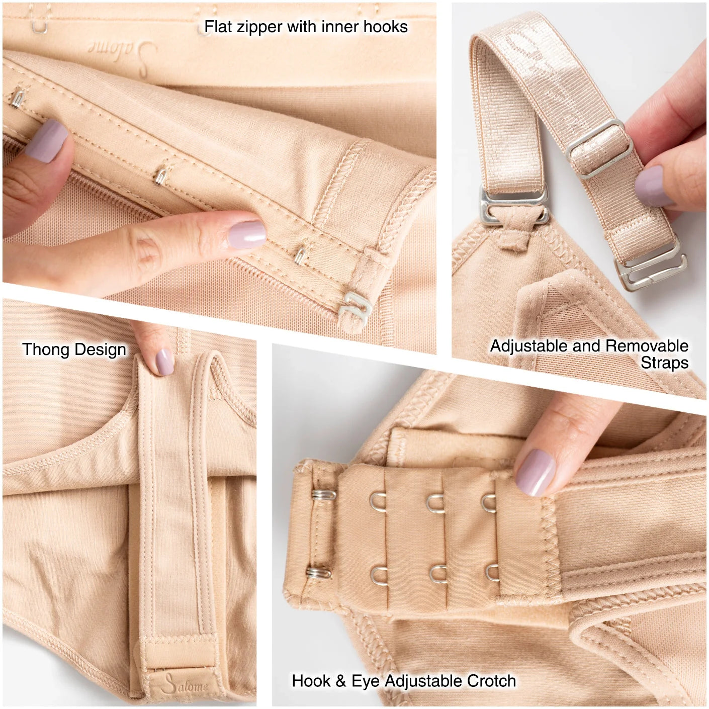 Fajas Salome 351 nude Colombian shapewear detail view showing flat zipper hooks adjustable straps and hook eye crotch closure