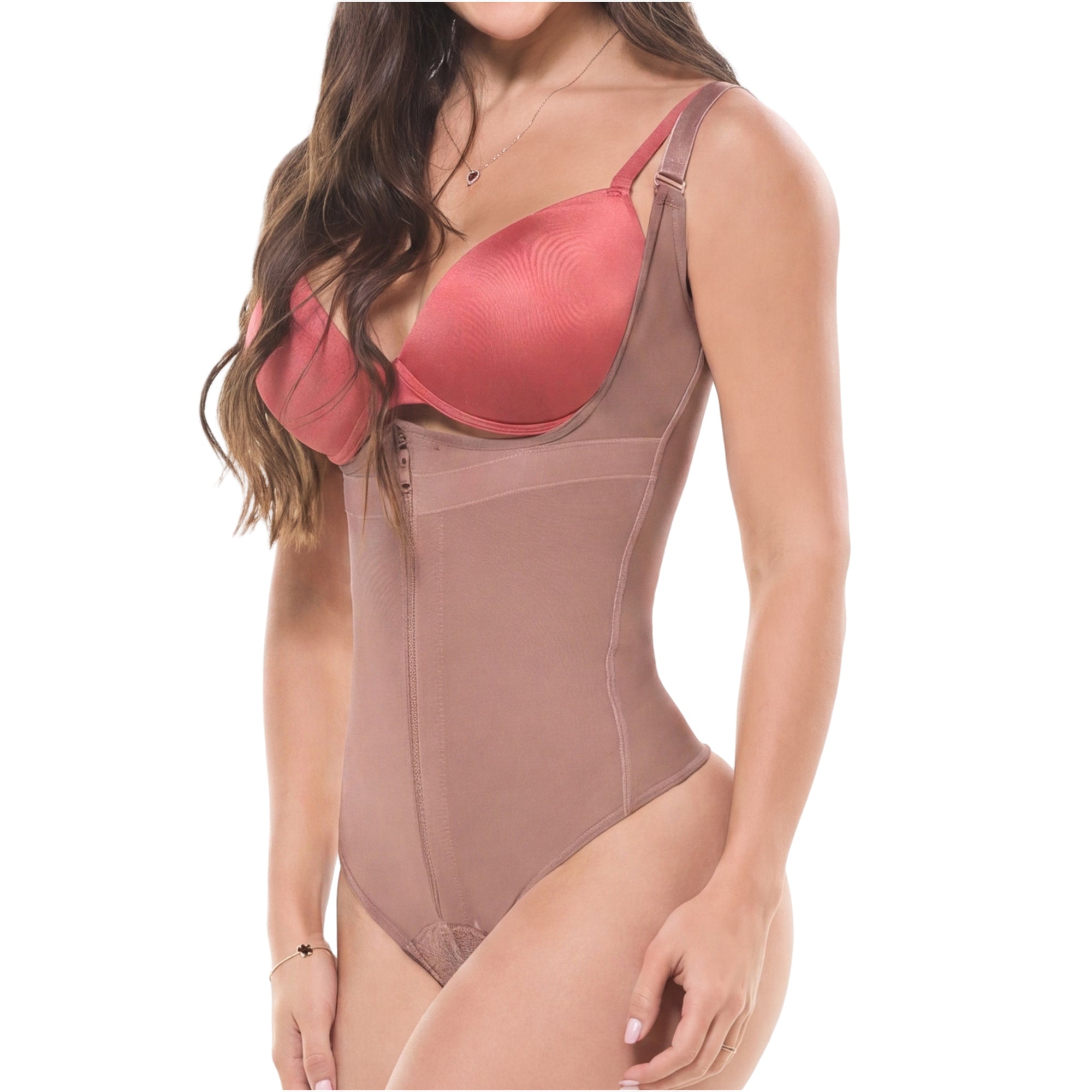 Fajas Salome 351 mocha open-bust thong bodysuit with front zipper, daily Colombian shapewear body shaper side view