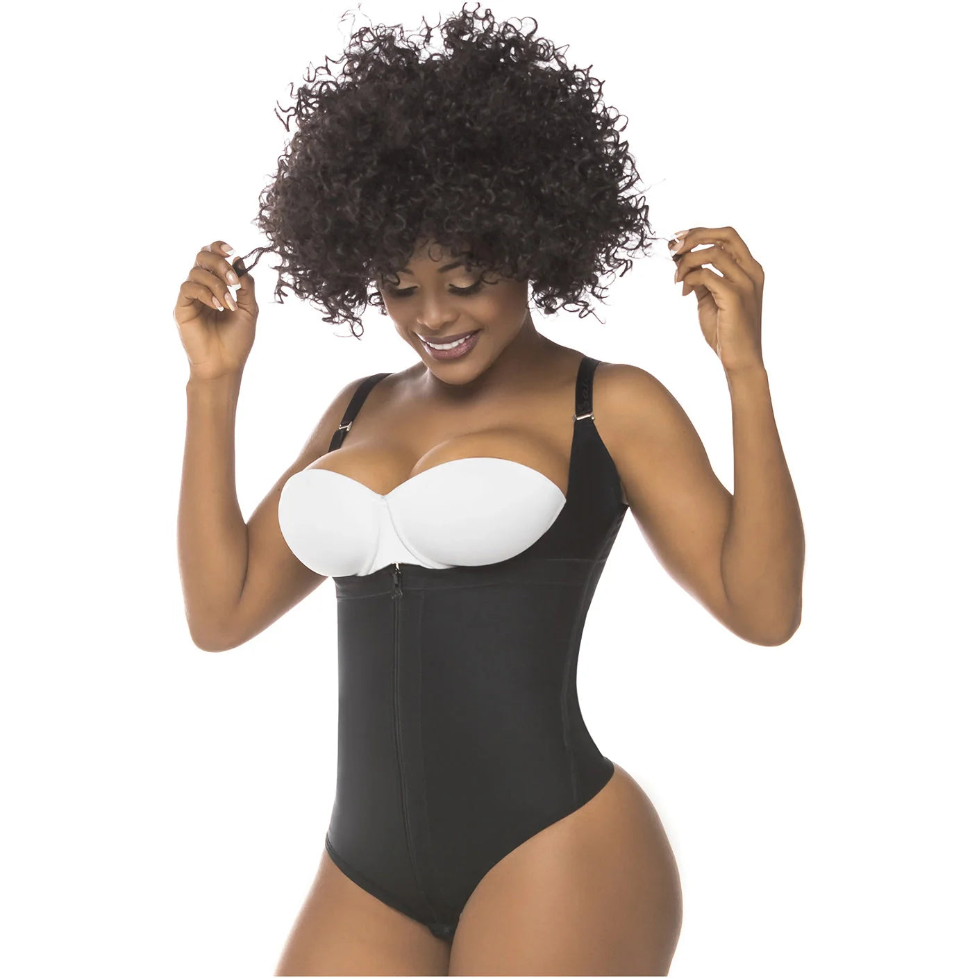 Fajas Salome 351 black open-bust thong bodysuit with zipper closure, daily Colombian shapewear body shaper front view