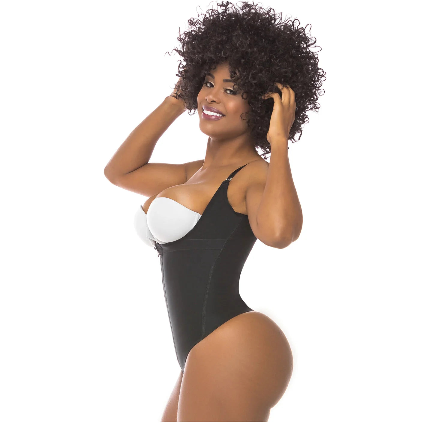 Fajas Salome 351 black open-bust thong bodysuit with zipper closure, daily Colombian shapewear side view