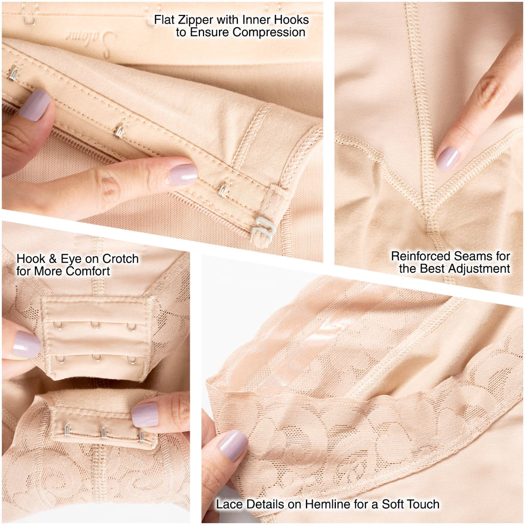 Fajas Salome 412 beige Colombian shapewear detail view showing flat zipper, hook eye crotch, reinforced seams, and lace hemli