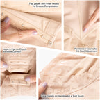 Fajas Salome 412 beige Colombian shapewear detail view showing flat zipper, hook eye crotch, reinforced seams, and lace hemli