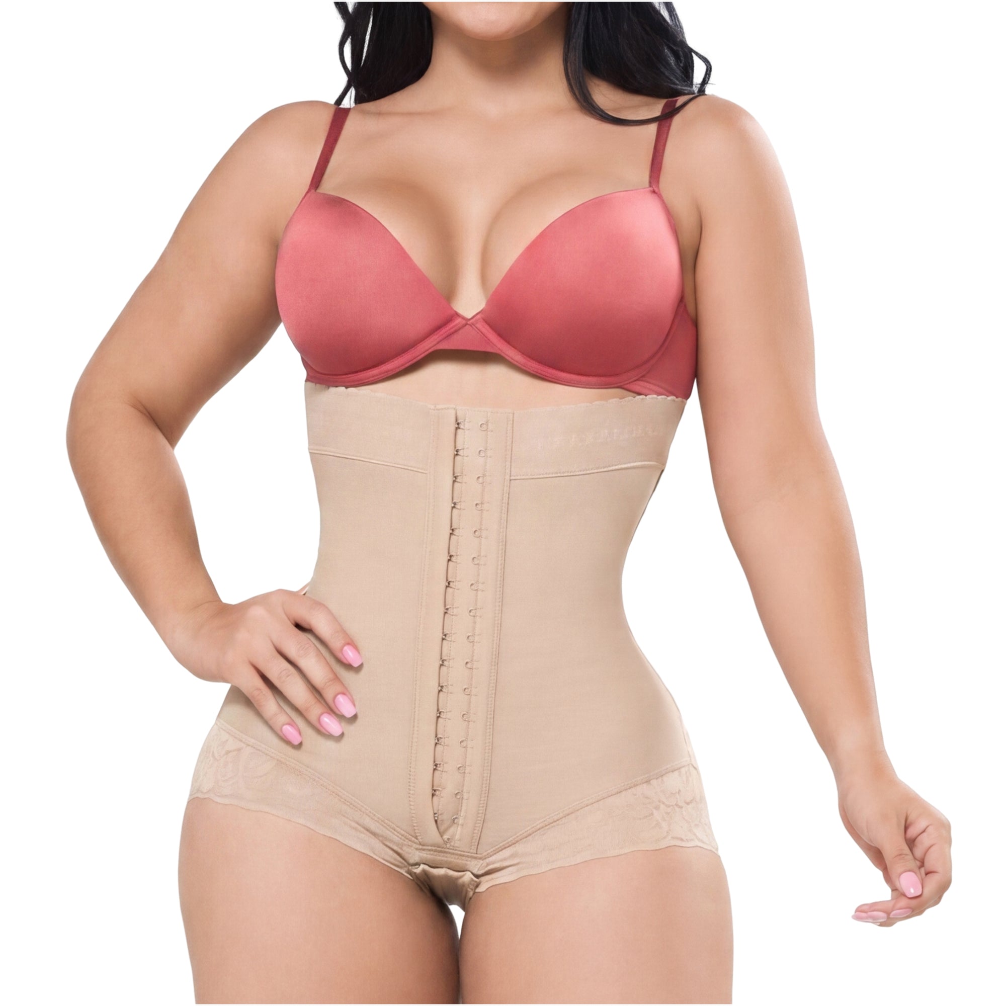 Fajas Salome 412 nude open-bust panty faja with hook closure, daily Colombian shapewear waist cincher front view